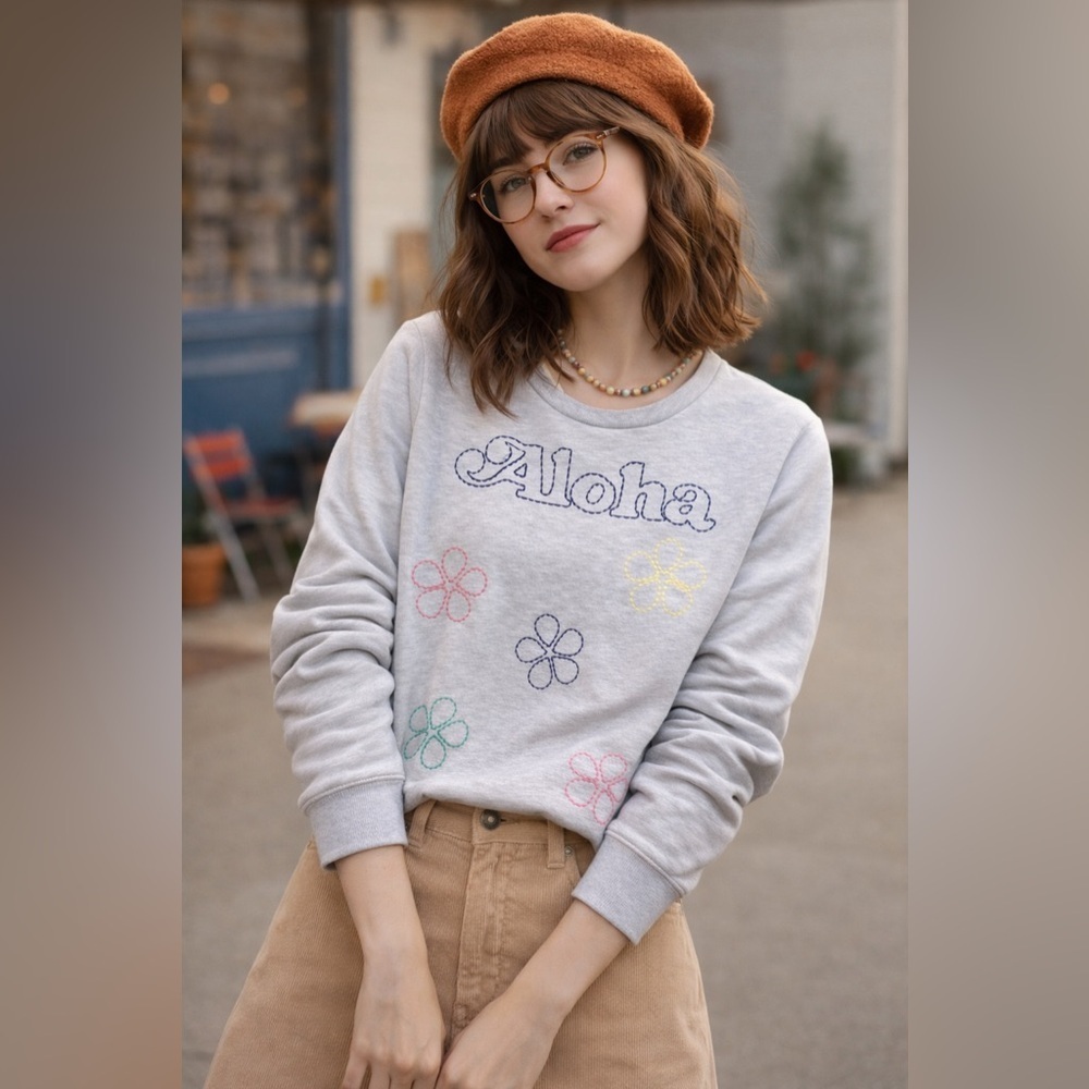 Sundry Aloha Indie Twee Grey Crew Neck Sweatshirt Floral Embroidery - size M